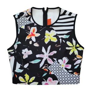 Clover Canyon Crop Top Small Black White Striped Floral Sleeveless
